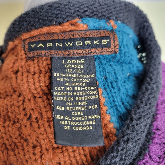 Womans Yarnworks Color Block Ramie Cotton Sweater Button V-Neck Size Large 12/14 - Picture 9 of 11